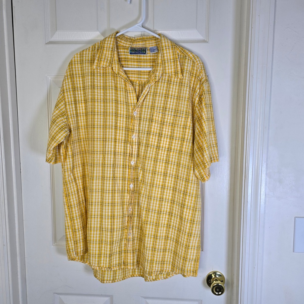 Bugle Boy Yellow Plaid Button Up‎ Short Sleeve seersucker cotton Casual Shirt